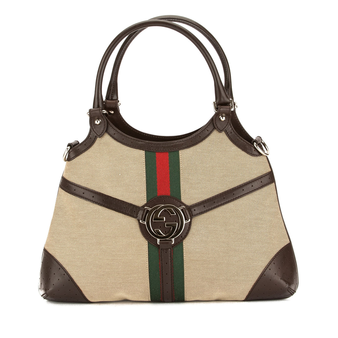 G*G Brown Leather Beige Canvas Double G Shelly Tote (Pre Owned)