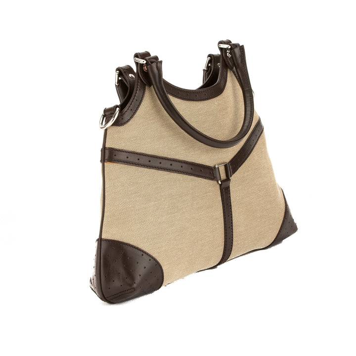 G*G Brown Leather Beige Canvas Double G Shelly Tote (Pre Owned)