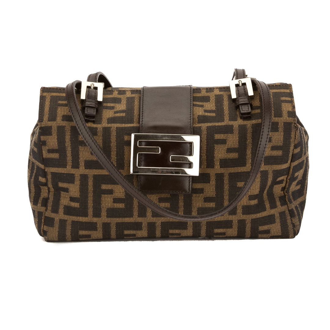 Fendi Brown Leather Zucca Nylon Tote Bag (Pre Owned)