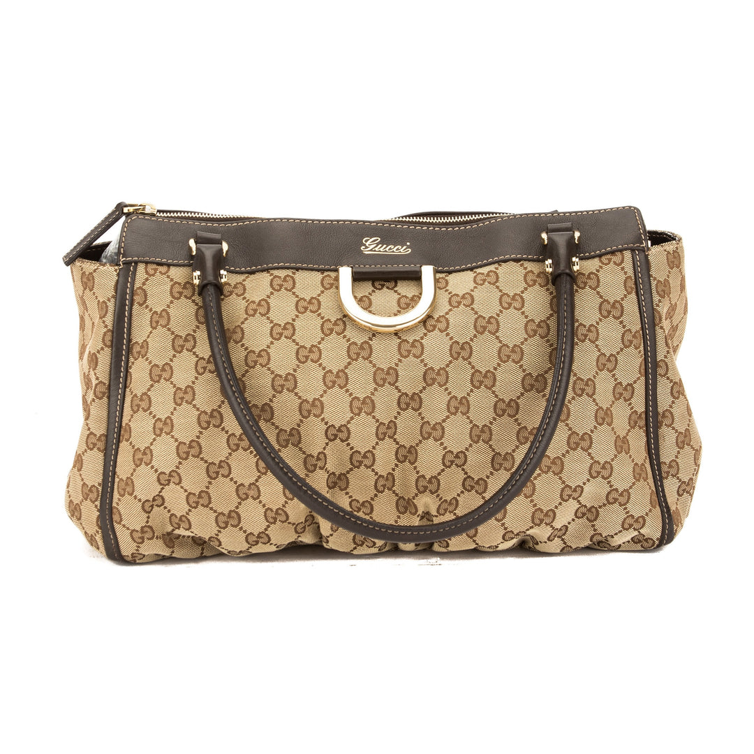 G*G Brown Leather GG Monogram Canvas D-Ring Tote Bag (Pre Owned)