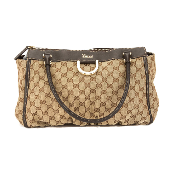 G*G Brown Leather GG Monogram Canvas D-Ring Tote Bag (Pre Owned)