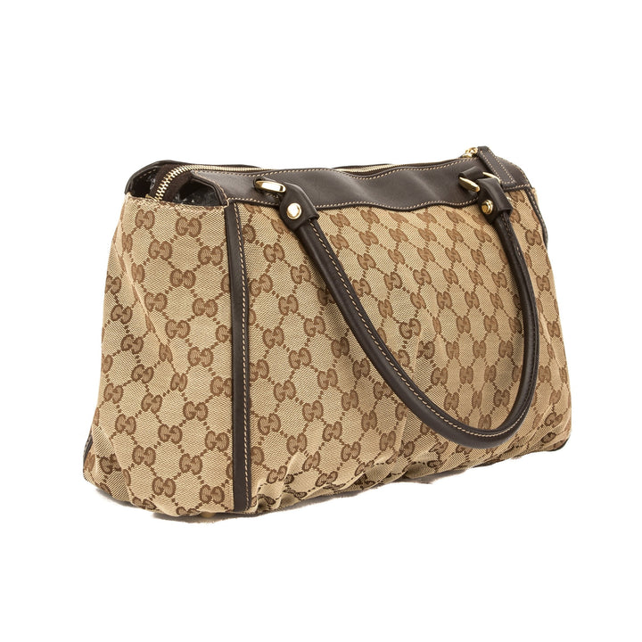 G*G Brown Leather GG Monogram Canvas D-Ring Tote Bag (Pre Owned)