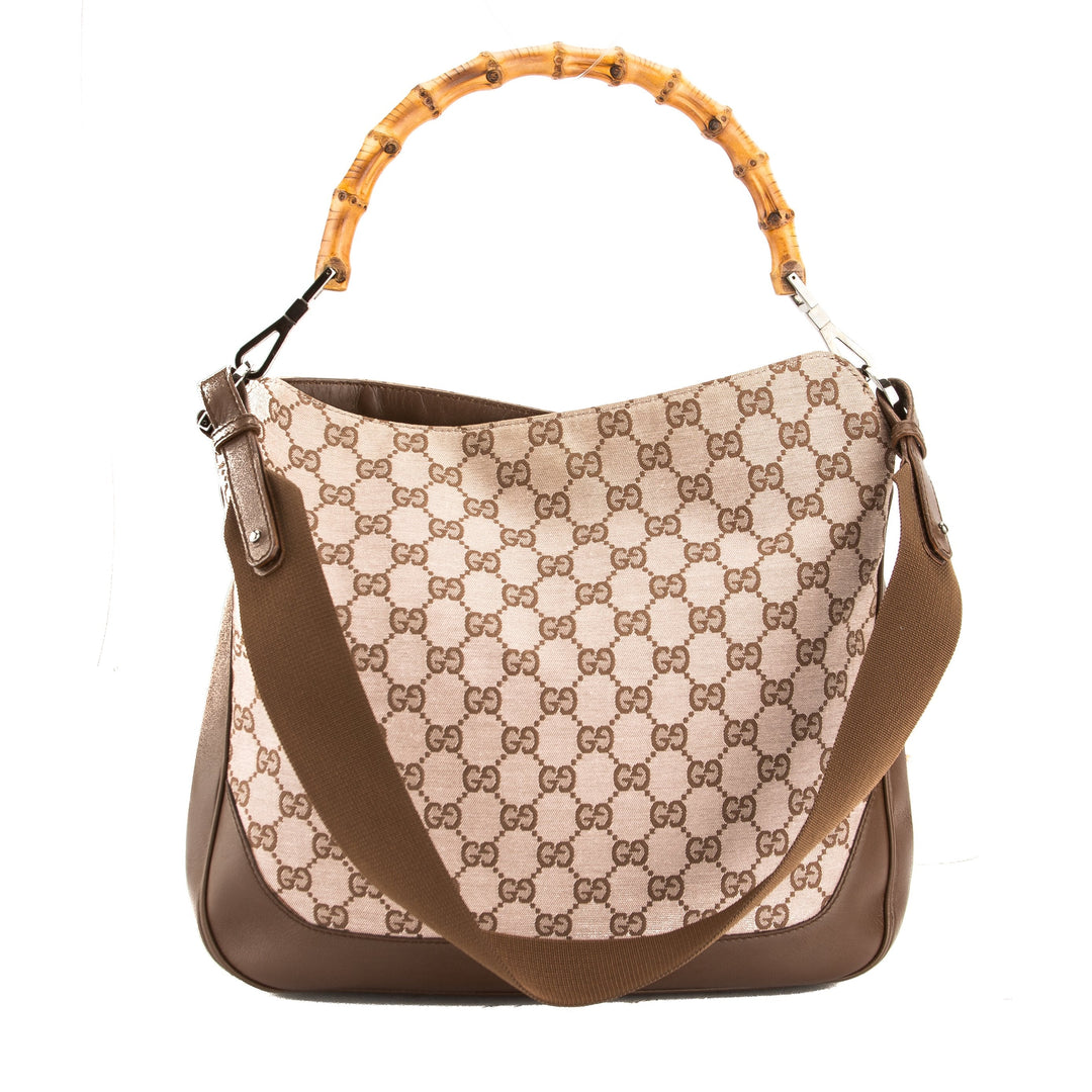 G*G Brown Leather GG Monogram Canvas Bamboo Tote Bag (Pre Owned)