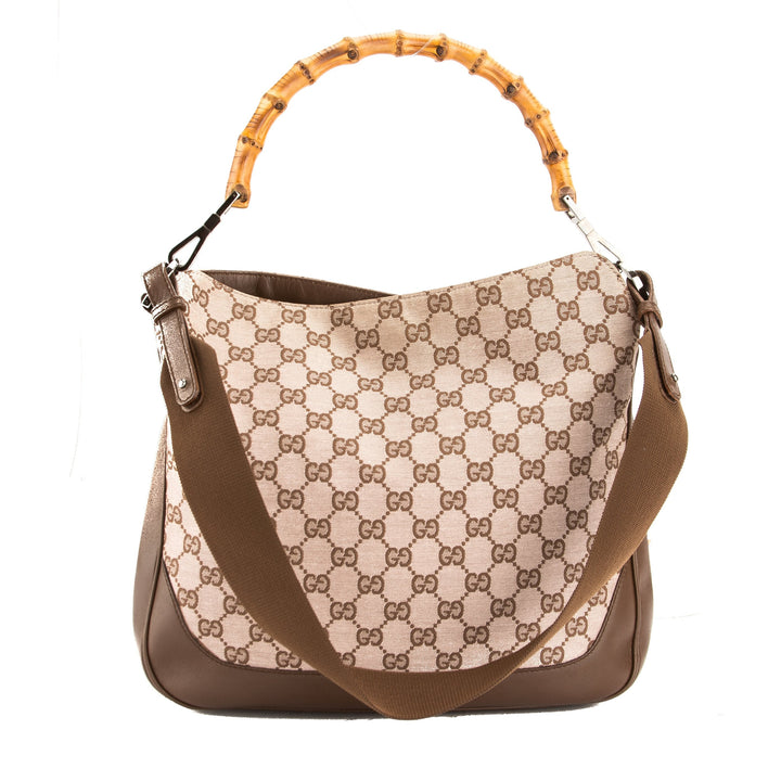G*G Brown Leather GG Monogram Canvas Bamboo Tote Bag (Pre Owned)