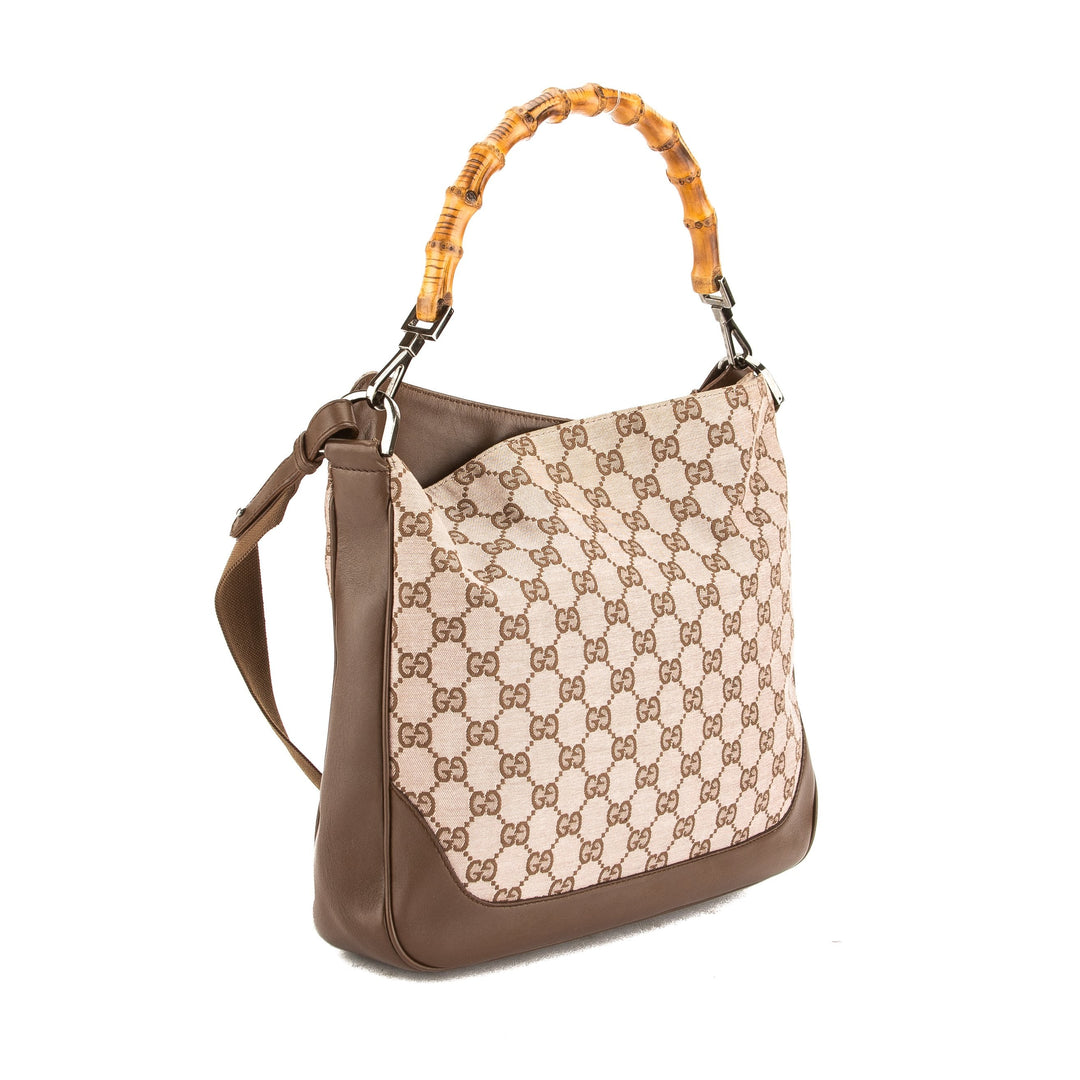 G*G Brown Leather GG Monogram Canvas Bamboo Tote Bag (Pre Owned)
