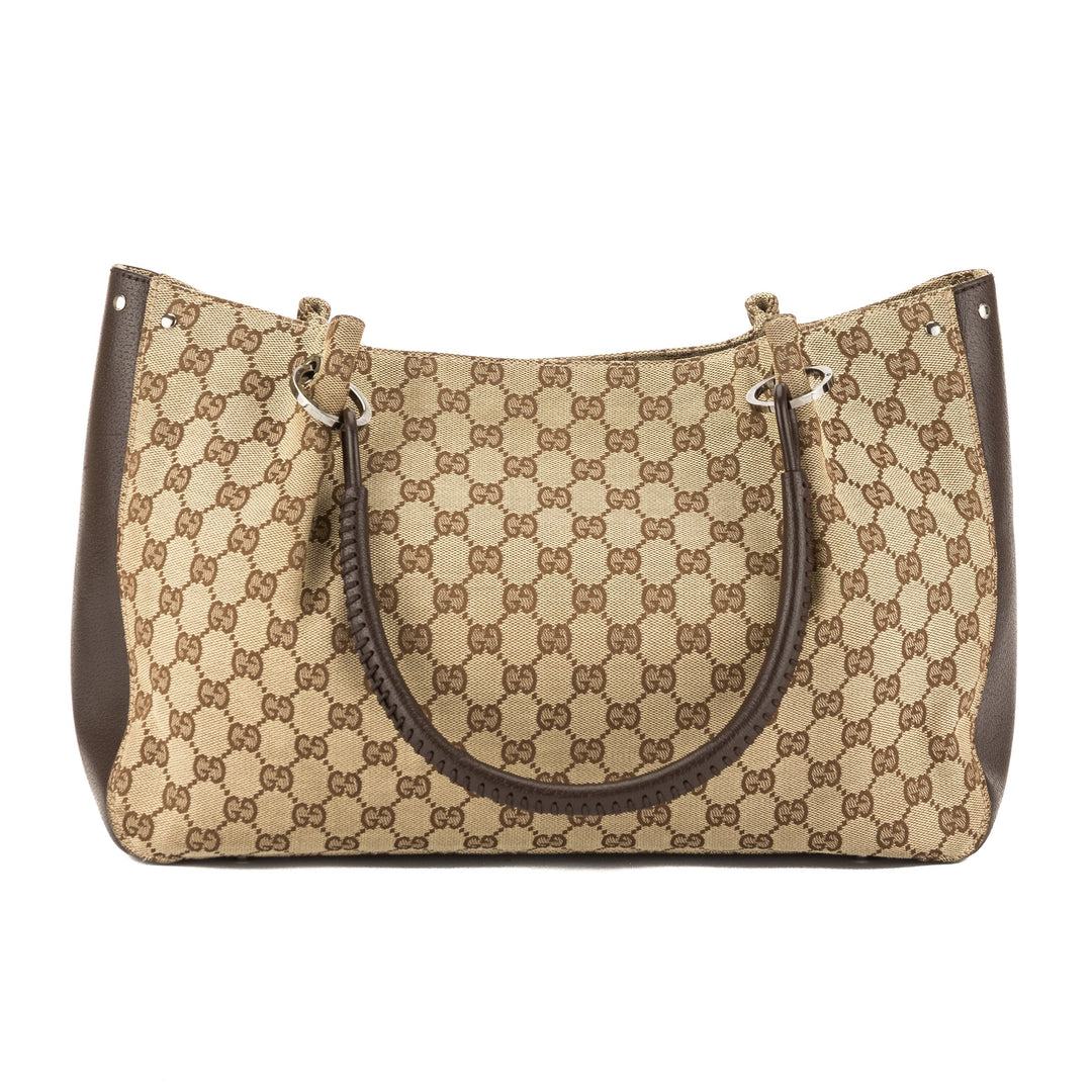G*G Brown Leather GG Monogram Canvas Tote Bag (Pre Owned)