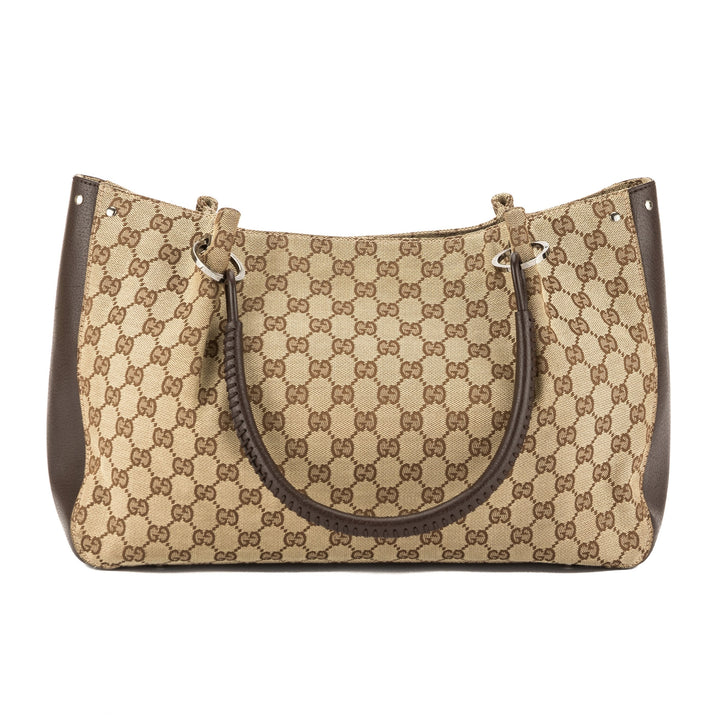 G*G Brown Leather GG Monogram Canvas Tote Bag (Pre Owned)