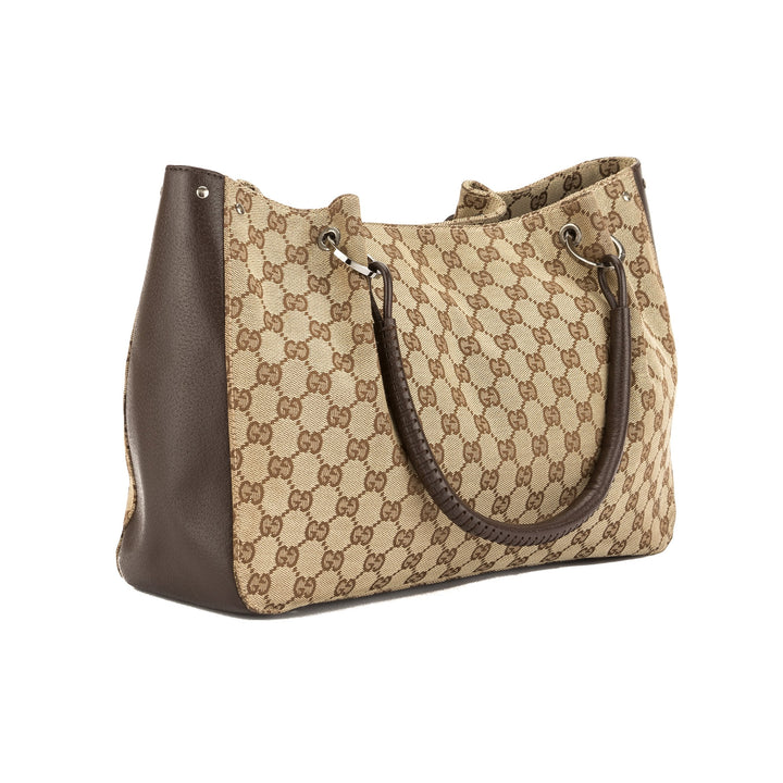 G*G Brown Leather GG Monogram Canvas Tote Bag (Pre Owned)