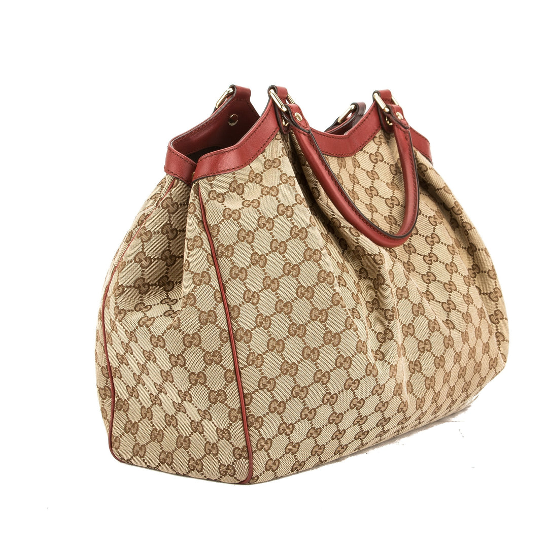 G*G Red Leather GG Monogram Canvas Tote Bag (Pre Owned)