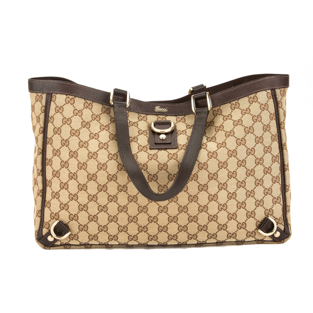 G*G Brown Leather GG Monogram Canvas Abbey D-Ring Tote (Pre Owned)