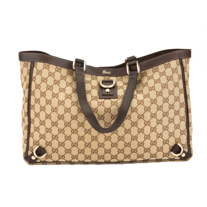 G*G Brown Leather GG Monogram Canvas Abbey D-Ring Tote (Pre Owned)