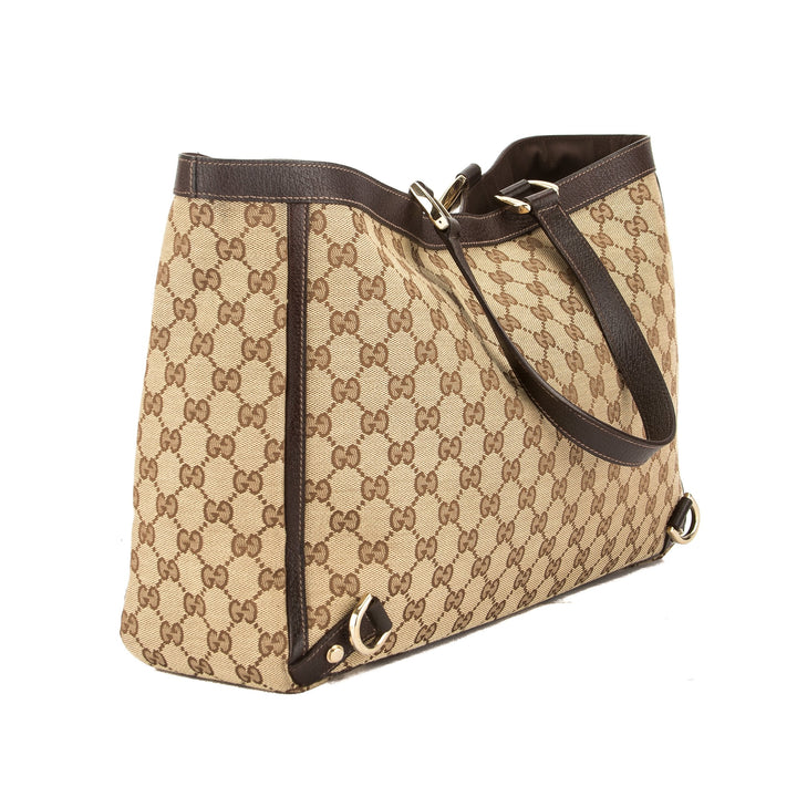 G*G Brown Leather GG Monogram Canvas Abbey D-Ring Tote (Pre Owned)