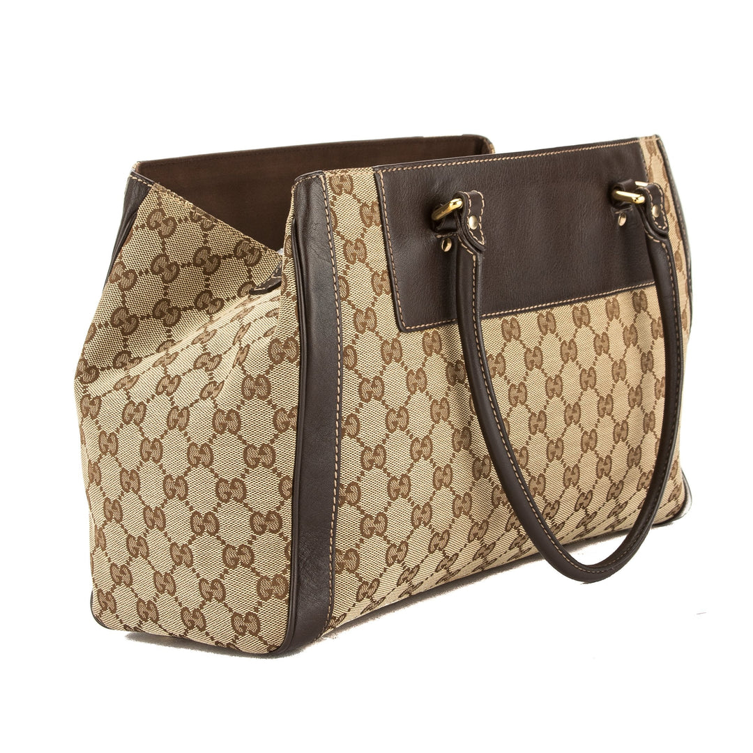 G*G Brown Leather GG Monogram Canvas Tote Bag (Pre Owned)