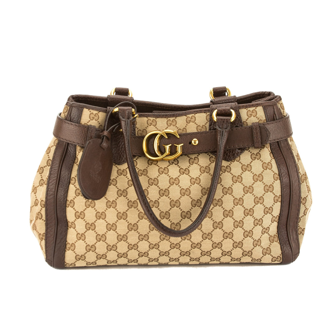 G*G  Brown Leather GG Monogram Canvas Tote Bag (Pre Owned)