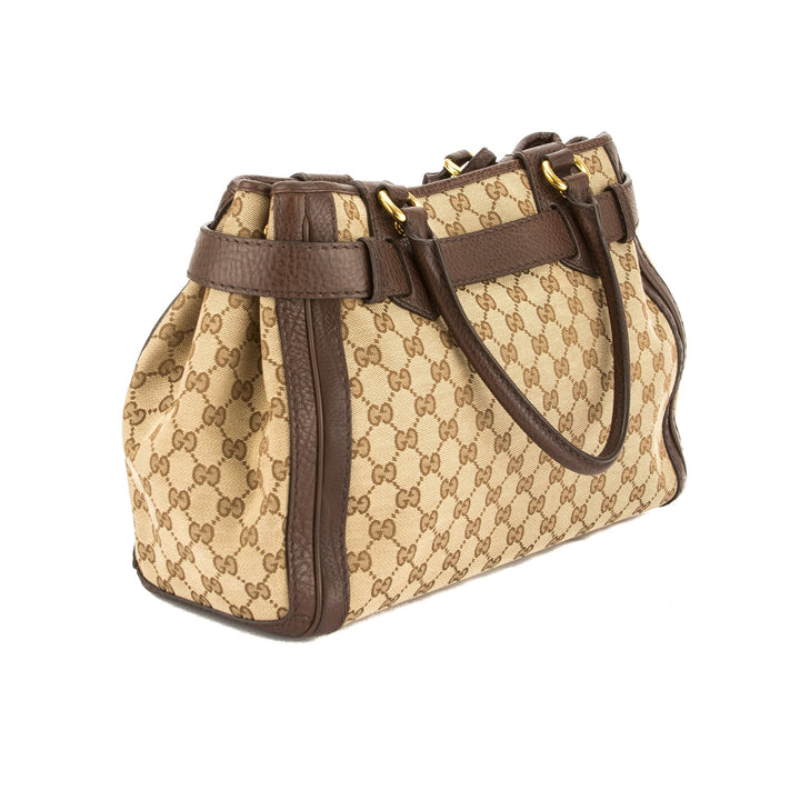 G*G  Brown Leather GG Monogram Canvas Tote Bag (Pre Owned)