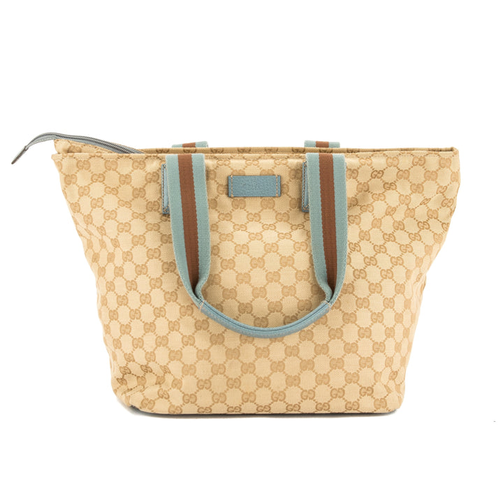 G*G Light Blue Leather GG Monogram Canvas Web Tote Bag (Pre Owned)
