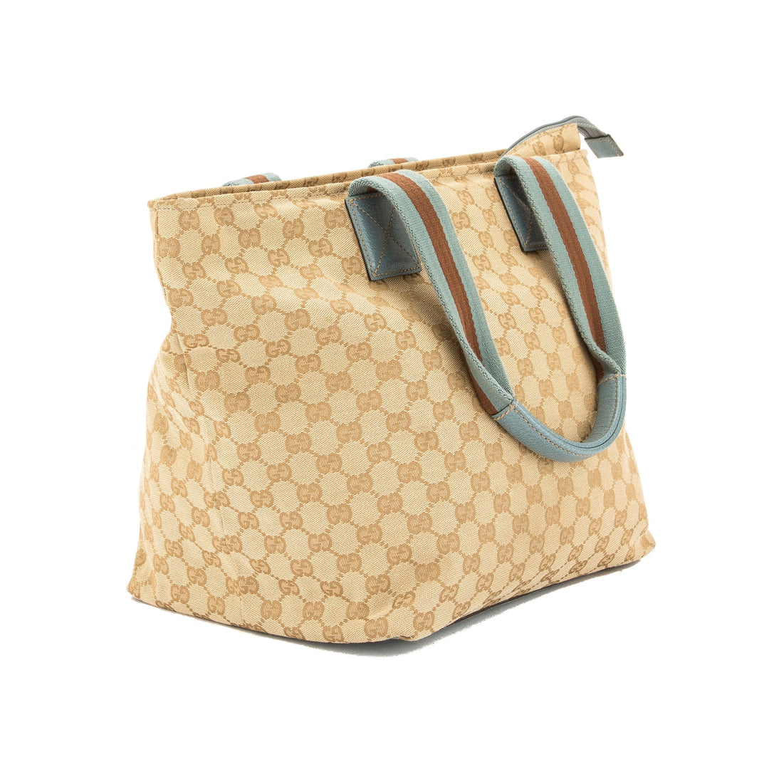 G*G Light Blue Leather GG Monogram Canvas Web Tote Bag (Pre Owned)