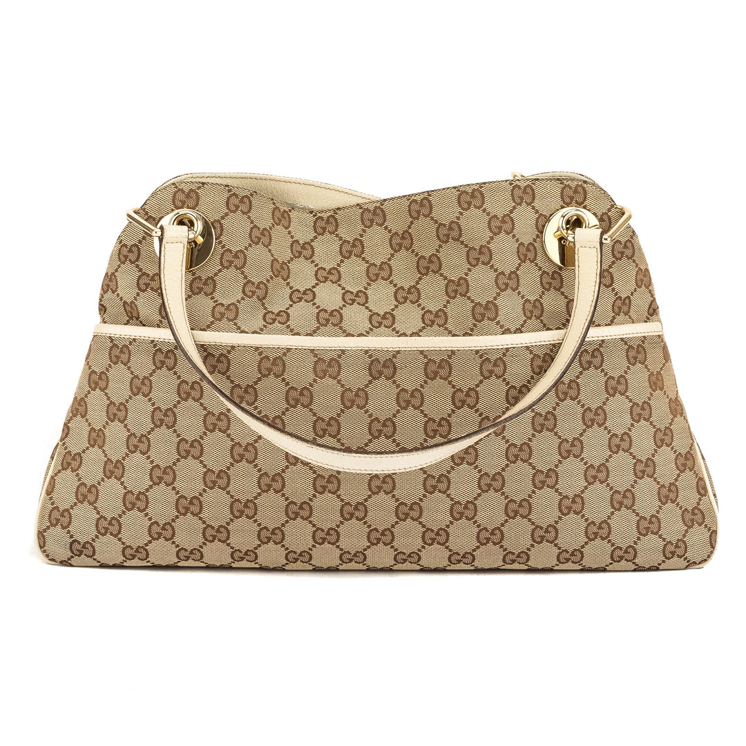 G*G Ivory Leather GG Monogram Canvas Medium Eclipse Tote (Pre Owned)