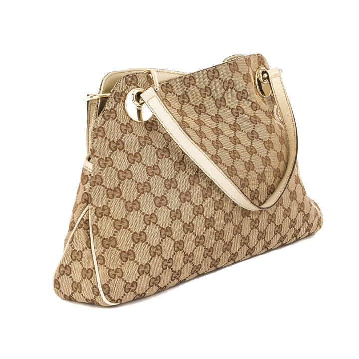 G*G Ivory Leather GG Monogram Canvas Medium Eclipse Tote (Pre Owned)