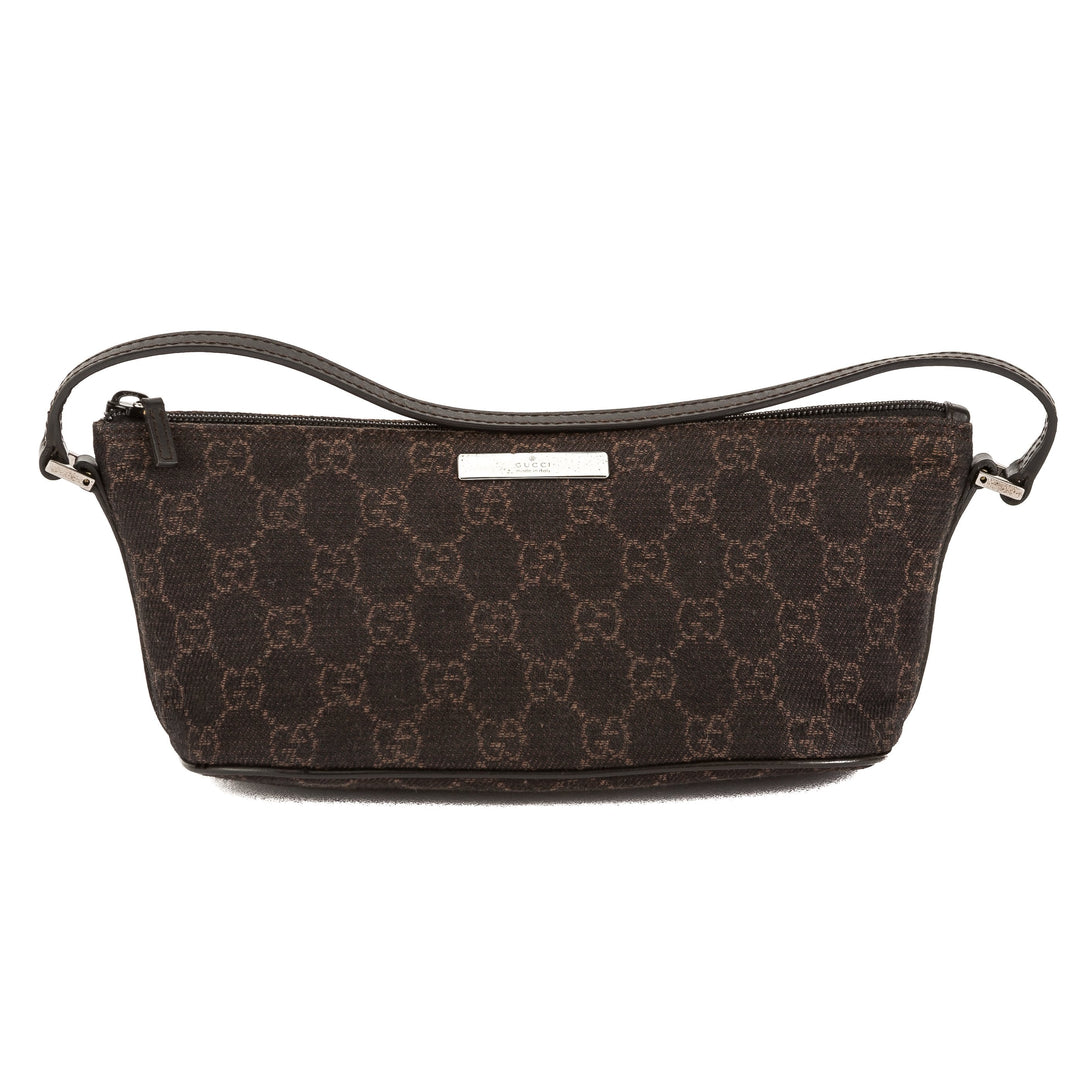 G*G Dark Brown Leather GG Monogram Canvas Pochette Cosmetic Tote Bag (Pre Owned)