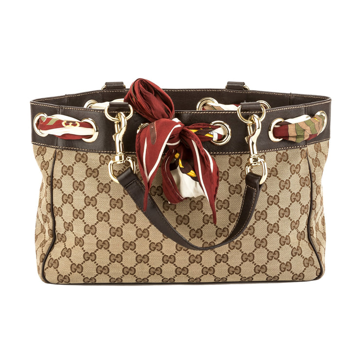G*G Brown Leather GG Monogram Canvas Scarf Tote Bag (Pre Owned)