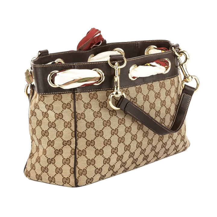 G*G Brown Leather GG Monogram Canvas Scarf Tote Bag (Pre Owned)