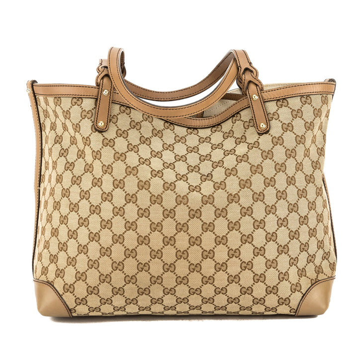 G*G Beige Leather GG Monogram Canvas Tote Bag (Pre Owned)