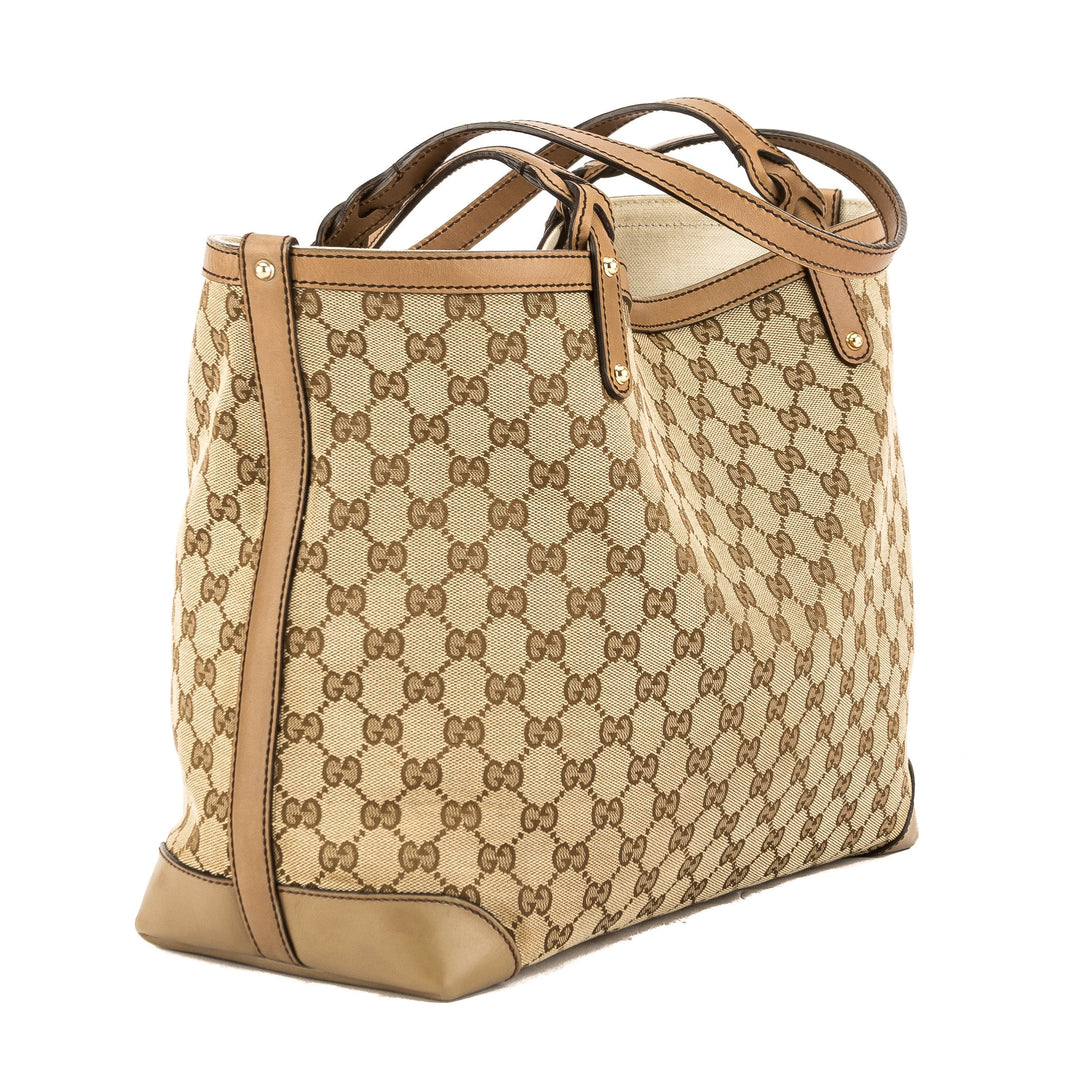 G*G Beige Leather GG Monogram Canvas Tote Bag (Pre Owned)