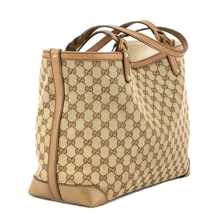 G*G Beige Leather GG Monogram Canvas Tote Bag (Pre Owned)