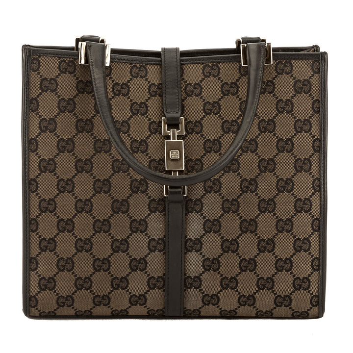G*G Black Leather GG Monogram Canvas Jackie Tote (Pre Owned)
