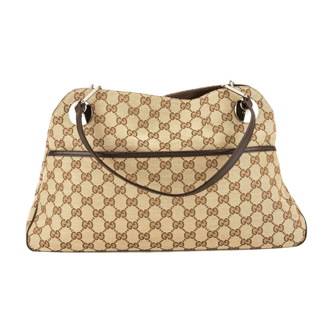G*G Brown Leather GG Monogram Canvas Medium Eclipse Tote (Pre Owned)