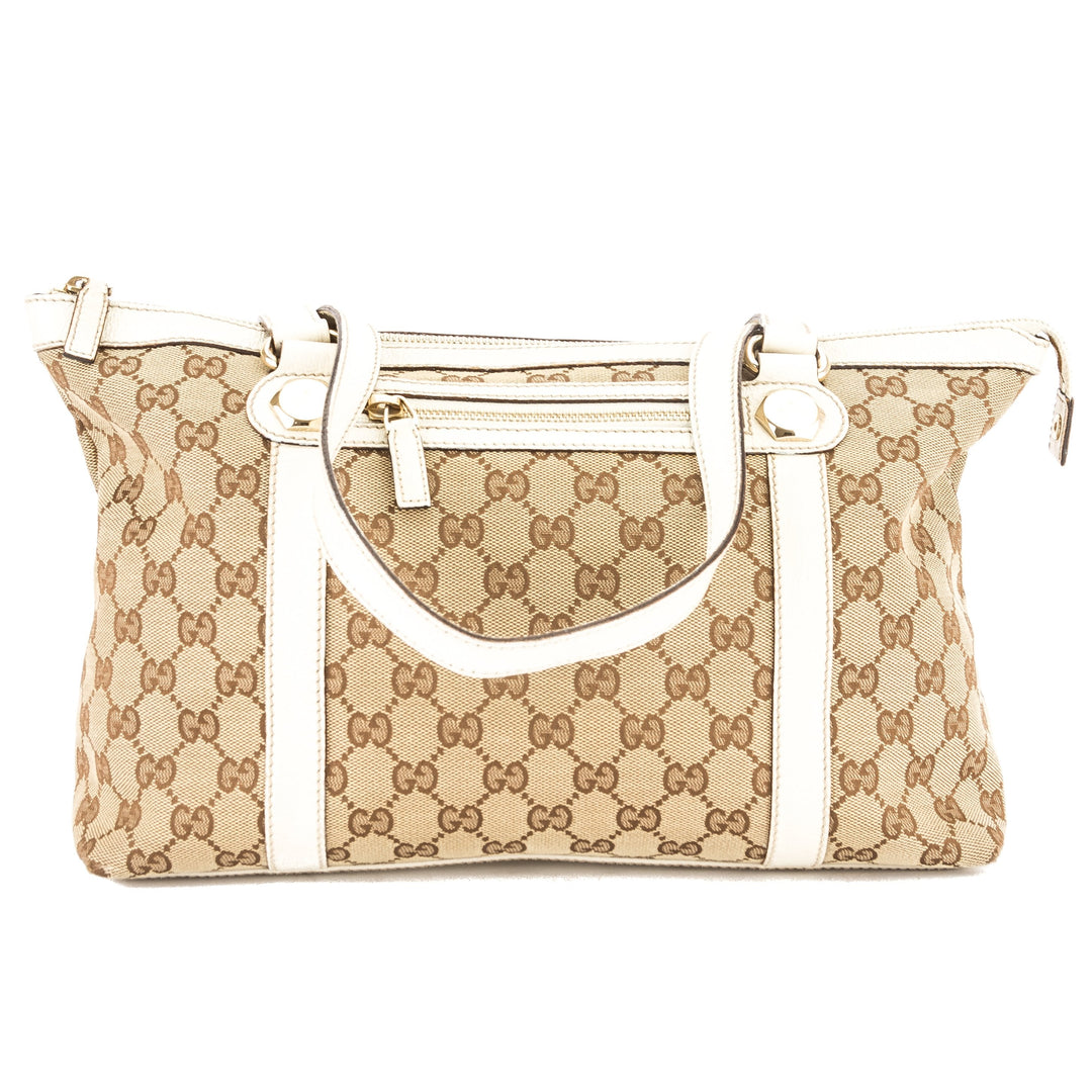 G*G Ivory Leather GG Monogram Canvas Medium Tote Bag (Pre Owned)
