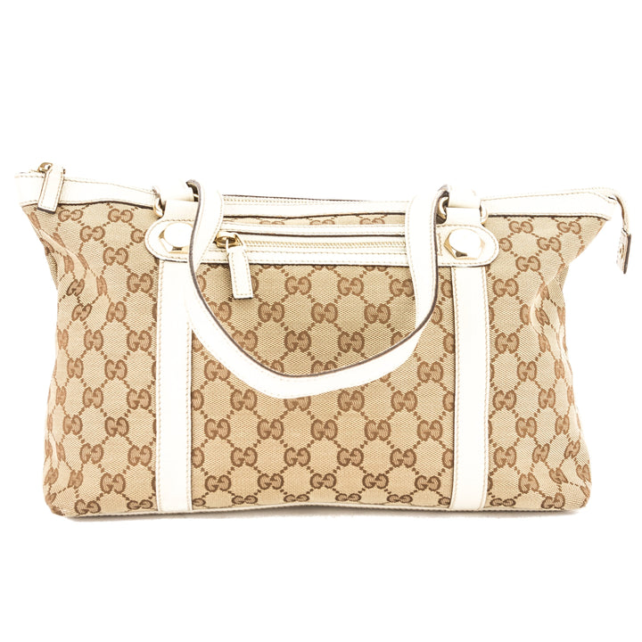 G*G Ivory Leather GG Monogram Canvas Medium Tote Bag (Pre Owned)
