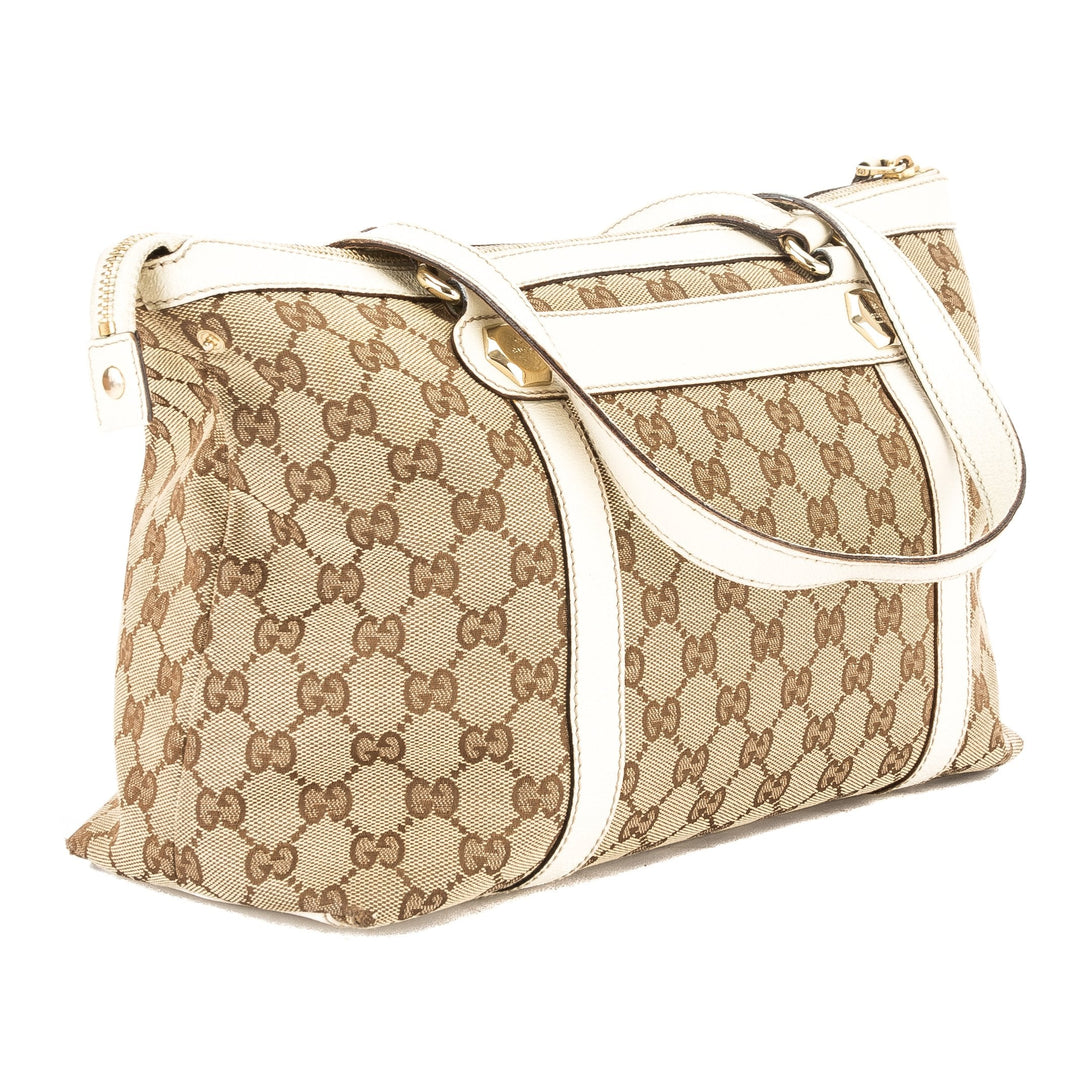 G*G Ivory Leather GG Monogram Canvas Medium Tote Bag (Pre Owned)