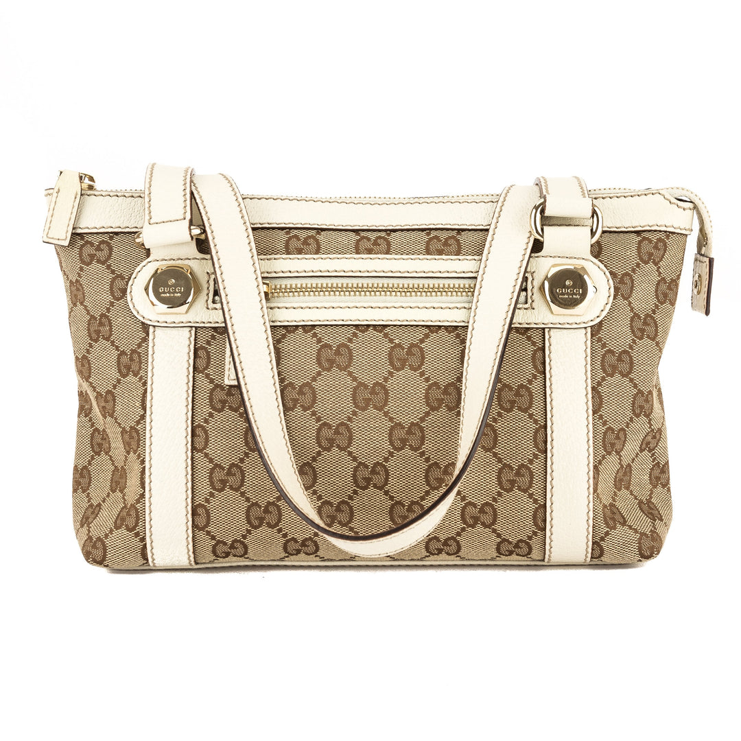 G*G Ivory Leather GG Monogram Canvas Tote Bag (Pre Owned)