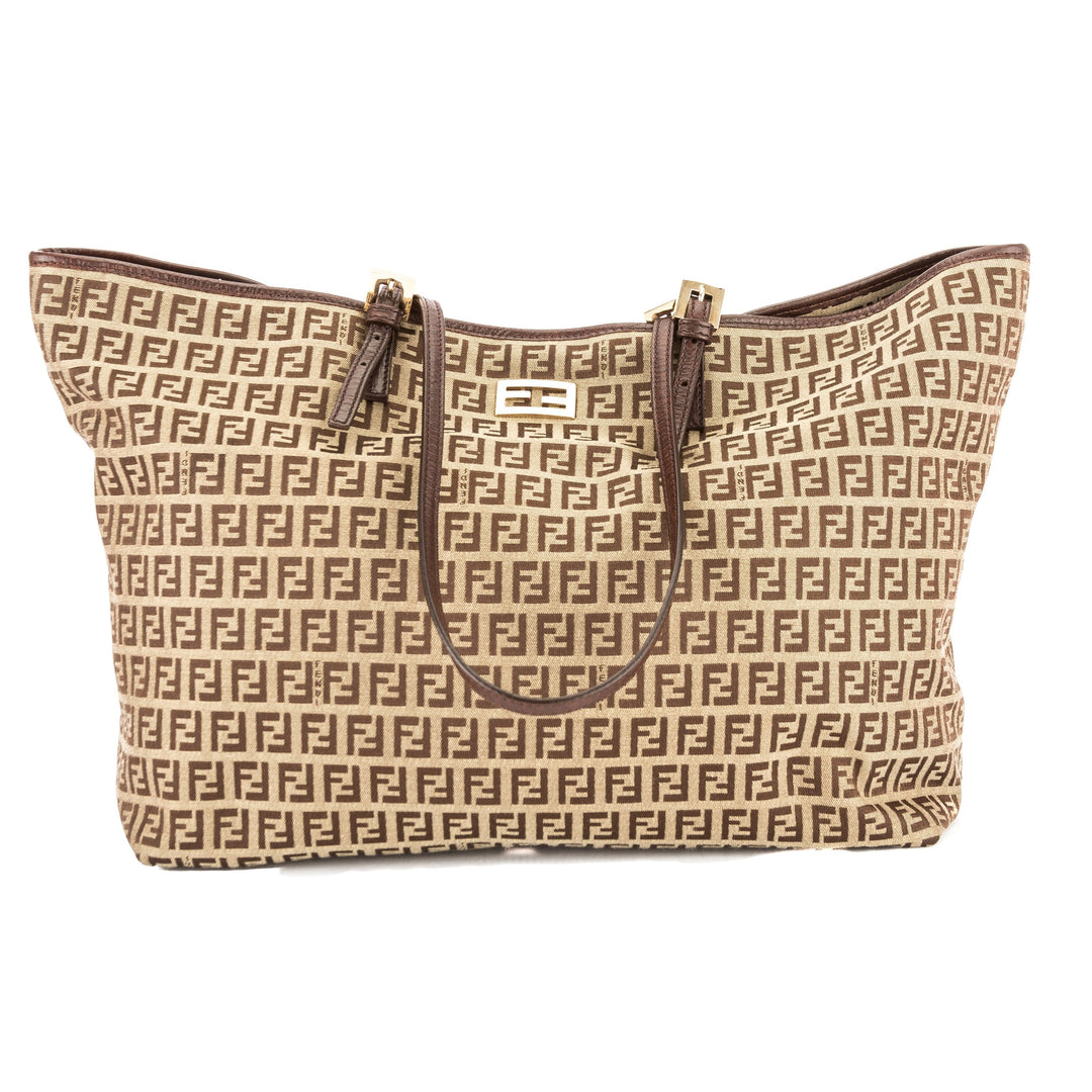 Fendi Brown Leather Zucca Canvas Tote Bag (Pre Owned)