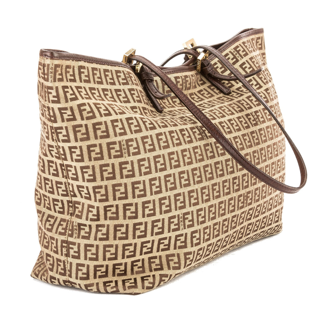 Fendi Brown Leather Zucca Canvas Tote Bag (Pre Owned)