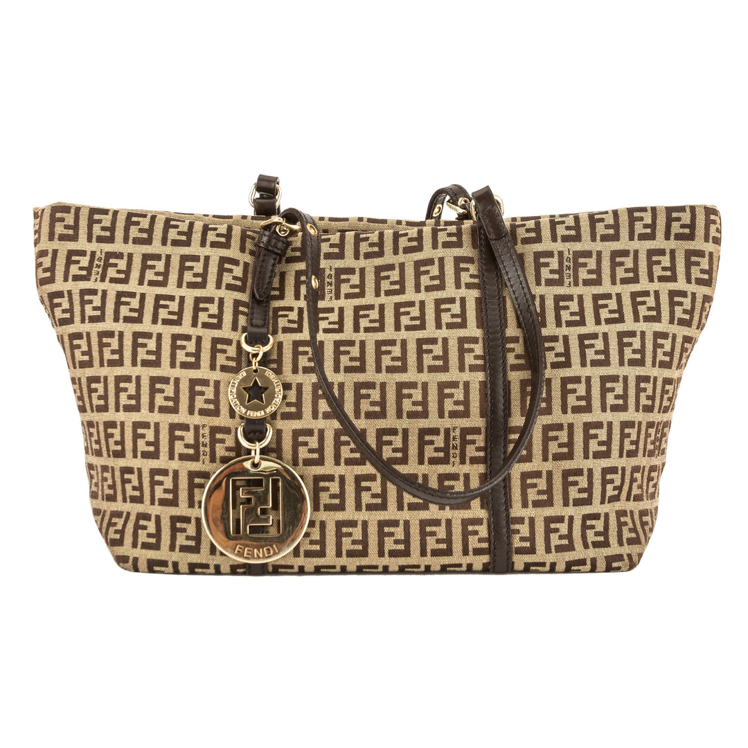 Fendi Brown Leather Zucca Canvas Tote Bag (Pre Owned)