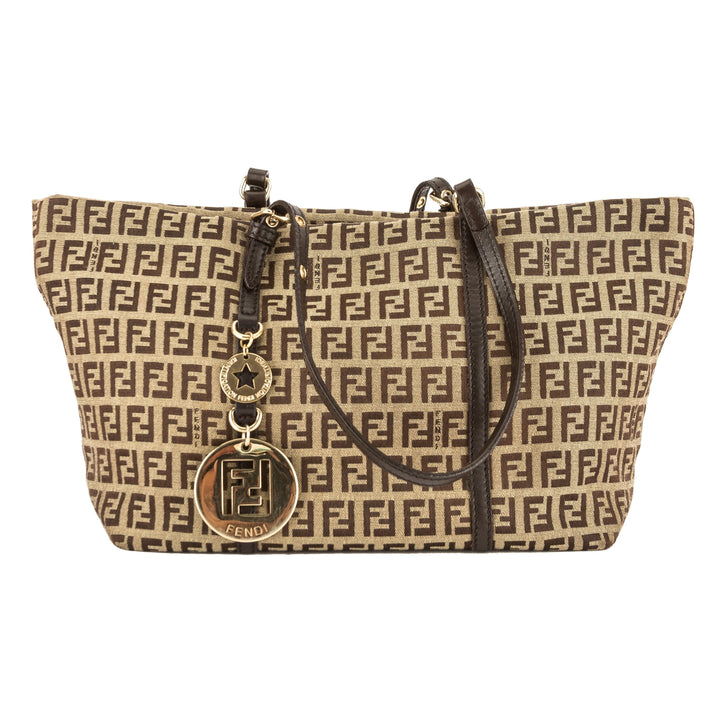 Fendi Brown Leather Zucca Canvas Tote Bag (Pre Owned)