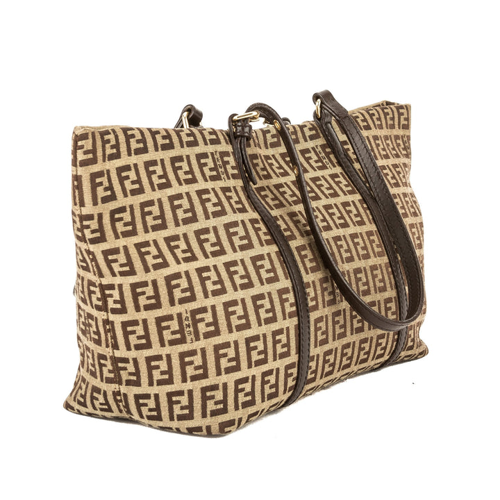 Fendi Brown Leather Zucca Canvas Tote Bag (Pre Owned)