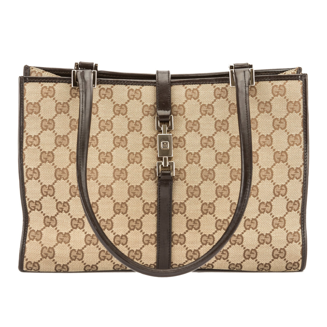 G*G Brown Leather GG Monogram Canvas Jackie Tote (Pre Owned)
