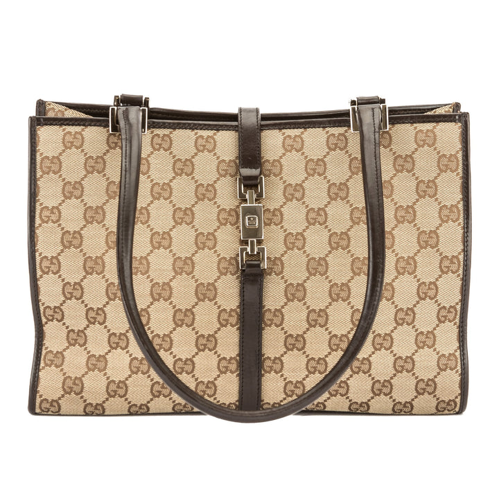 G*G Brown Leather GG Monogram Canvas Jackie Tote (Pre Owned)