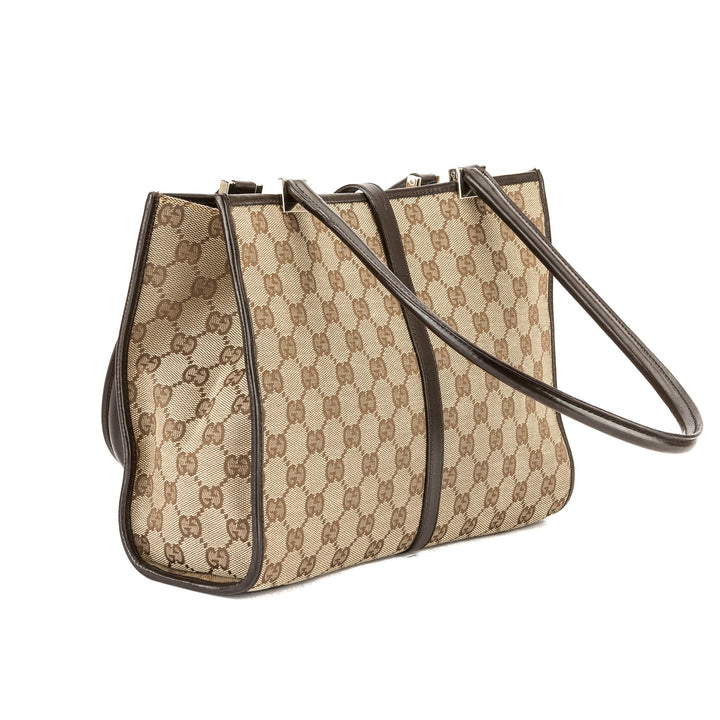 G*G Brown Leather GG Monogram Canvas Jackie Tote (Pre Owned)