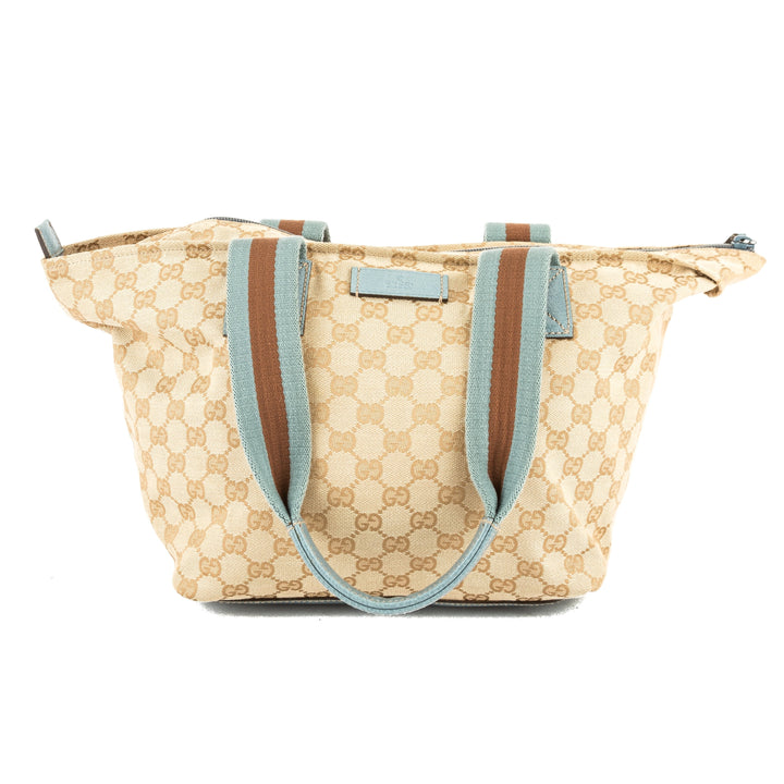 G*G Light Blue Leather GG Monogram Canvas Web Tote Bag (Pre Owned)