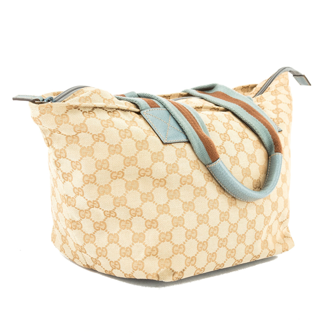 G*G Light Blue Leather GG Monogram Canvas Web Tote Bag (Pre Owned)