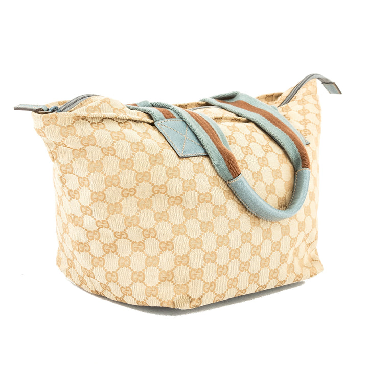 G*G Light Blue Leather GG Monogram Canvas Web Tote Bag (Pre Owned)