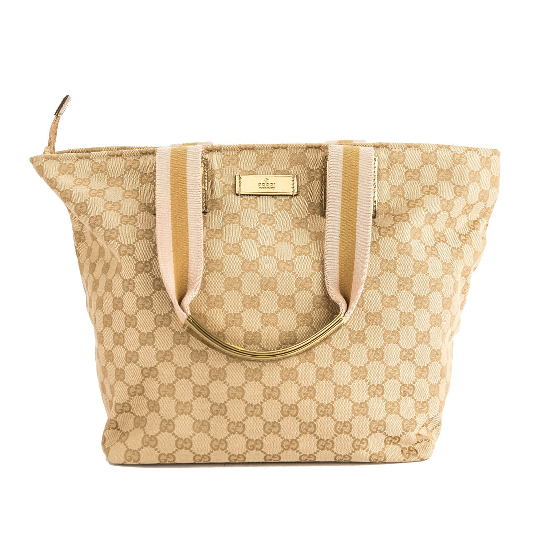 G*G Gold Leather GG Monogram Canvas Web Tote Bag (Pre Owned)