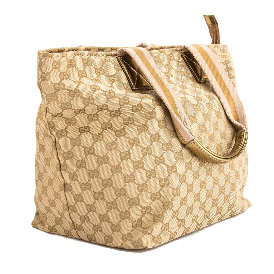 G*G Gold Leather GG Monogram Canvas Web Tote Bag (Pre Owned)