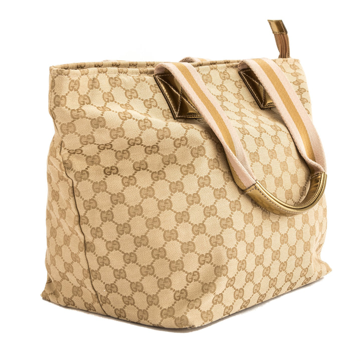 G*G Gold Leather GG Monogram Canvas Web Tote Bag (Pre Owned)