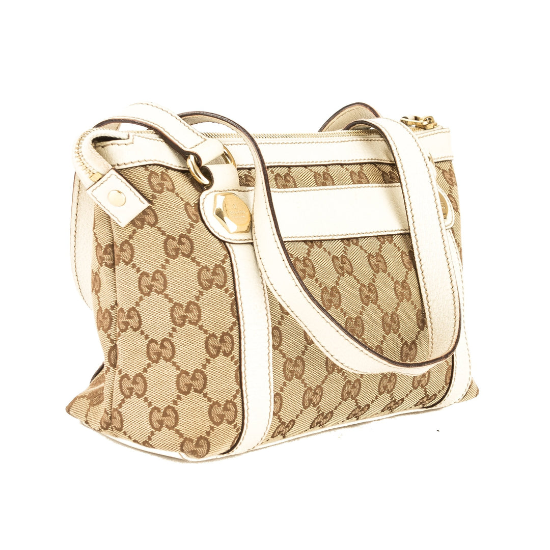 G*G White Leather GG Monogram Canvas Tote Bag (Pre Owned)